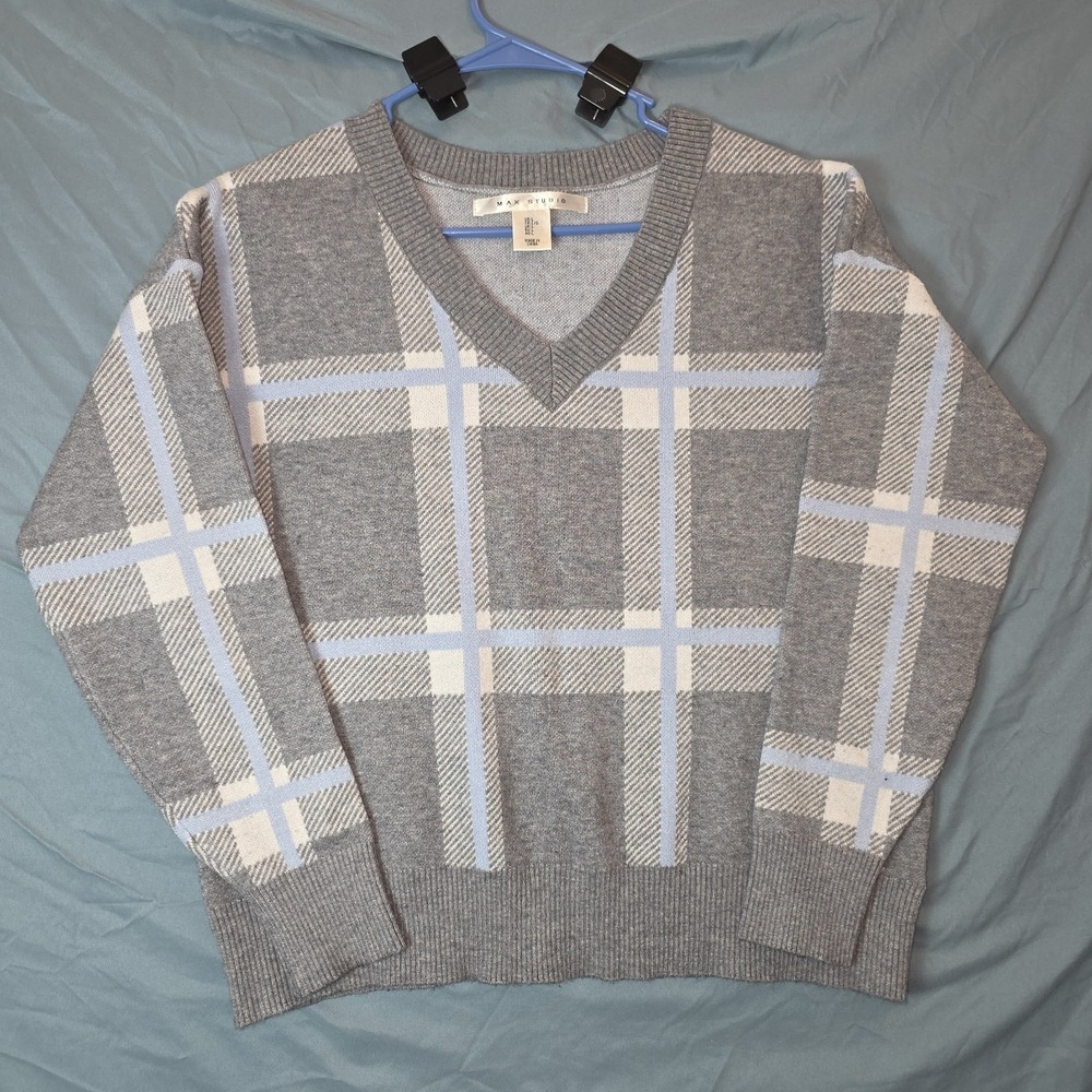 Max Studio Sweater Long Sleeve Green Plaid V Neck womens size Large